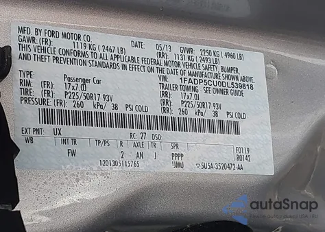 2013 Ford C-Max Energi Sel from USA, damaged, VIN 1FADP5CU0DL539818